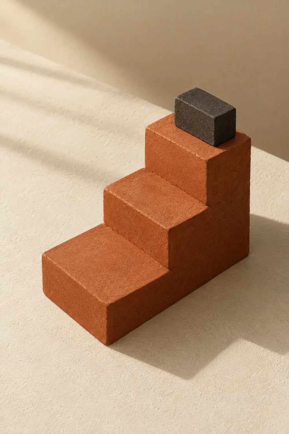 Conceptual AI illustration of terracotta steps with a charcoal block, representing measured progress.